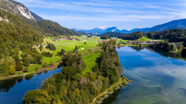 Wallpaper Houses, View, Aerial, Desktop, Blue, Mobile, Mountains, Lake, Sky, Valley, Nature, Under