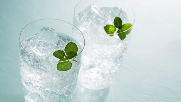 Wallpaper Ice, Glass, Water, Cube, Mint, With, Leaves