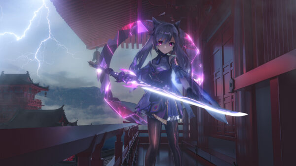 Wallpaper Sword, Impact, Genshin, Purple, Eyes, With, Keqing