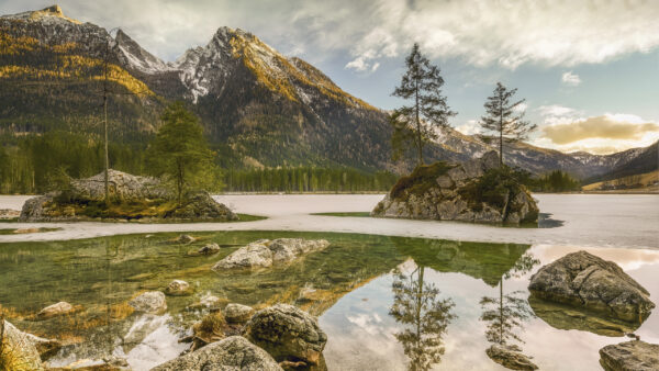 Wallpaper Trees, Lake, Snow, Landscape, View, Greenery, Nature, Capped, Mountain, Reflection