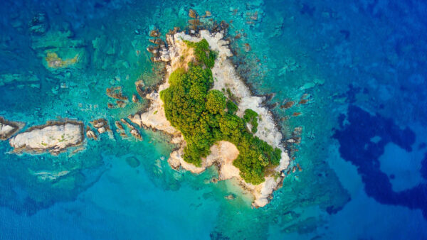 Wallpaper Beach, Ocean, White, Sand, Green, Trees, Island, Aerial, View, Stones