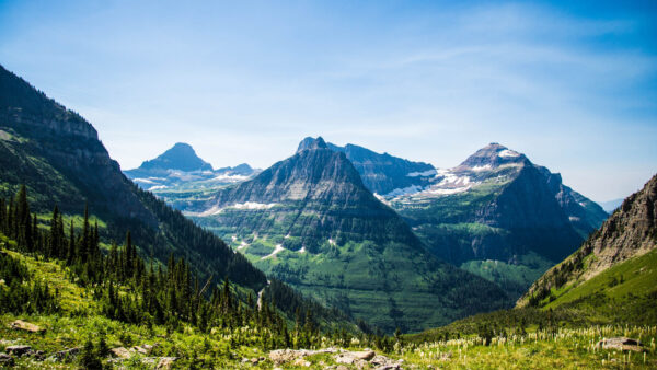 Wallpaper Daytime, Bushes, Rocks, Sky, Valley, Blue, Trees, Mobile, Nice, During, Mountains, Slope, Nature, Background, Desktop