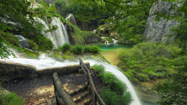 Wallpaper Waterfalls, Nature, Bushes, Mountain, Scenery, Stream, Trees, Beautiful, Green