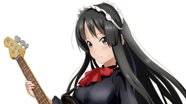 Wallpaper White, Eyes, Guitar, Black, Anime, Wearing, Girl, Blue, Dress, With, Background