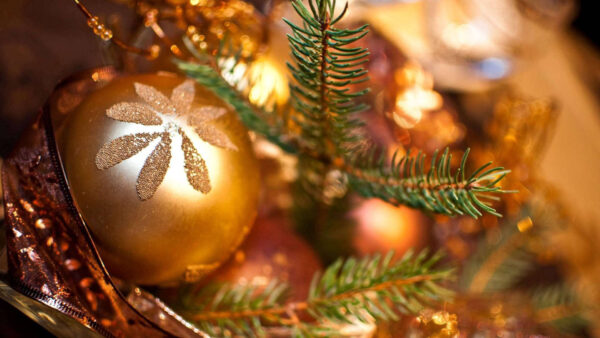 Wallpaper Closeup, View, Glitter, Christmas, Golden, Background, Tree, Ornaments, Blur