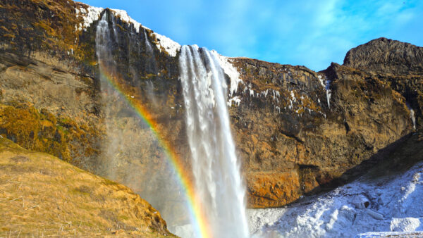 Wallpaper Rocks, Sky, Waterfall, Nature, Background, Blue, Snow, With, From, Rainbow