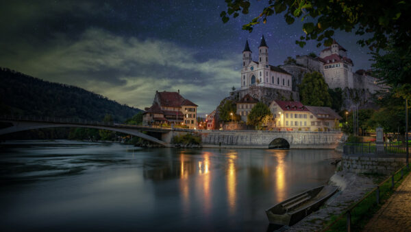 Wallpaper Boat, Castle, Travel, River, Switzerland, Building, Desktop, Under, Starry, Sky, Church