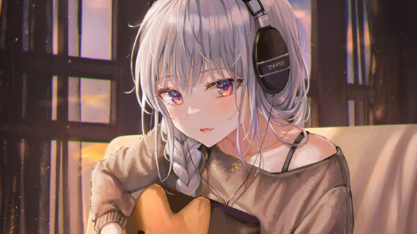 Wallpaper With, Headphones, Anime, Girl, Guitar, Playing