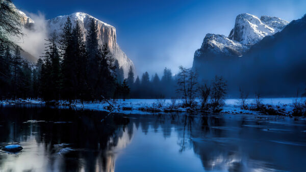 Wallpaper Snow, Mountains, Lake, Water, Reflection, Frozen, Trees, Mobile, Covered, Blue, Under, Desktop, Sky, Forest, Winter