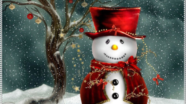 Wallpaper With, Christmas, Red, Cute, Background, Cap, Snowfall, Snowman, And, Dress