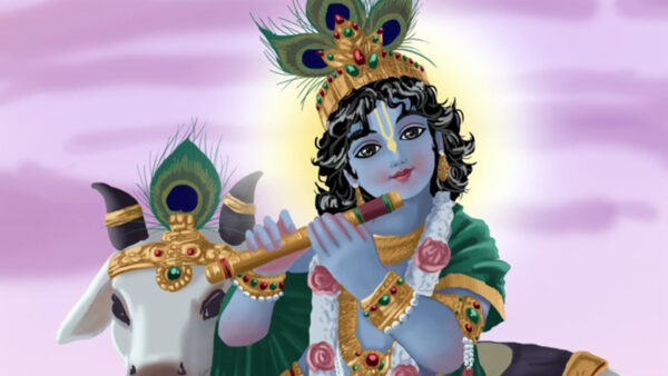 Wallpaper Krishna, God, Little, Flute, Light, Purple, Background, With
