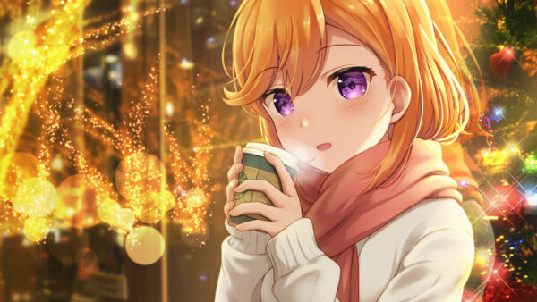 Wallpaper Short, Purple, Yellow, Anime, With, Eyes, Cup, Girl, Hair