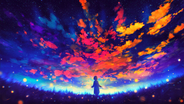 Wallpaper Anime, Grass, Sky, Girl, Field, Colorful, Background, Bokeh
