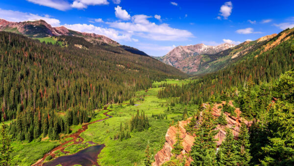 Wallpaper Mountain, River, Clouds, Blue, Forest, Trees, White, Slope, Land, Greenery, Sky, Under, Nature