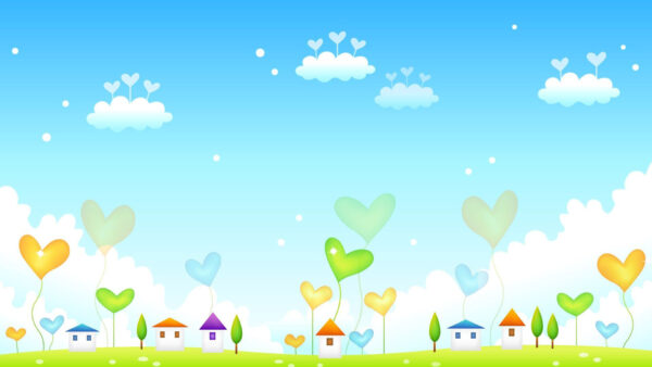 Wallpaper Hearts, House, Colorful, Trees, Kids, Blue, Sky