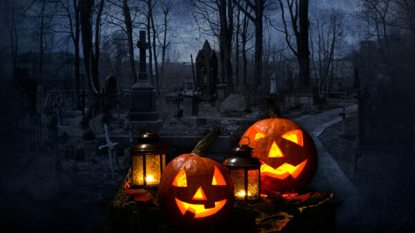 Wallpaper Pumpkins, Trees, Lantern, Halloween, Lights, Tombstones