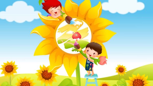 Wallpaper Kids, Standing, Near, Sunflower, Are