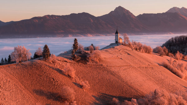 Wallpaper Landscape, Trees, Sand, Slope, Stones, Bushes, Nature, Background, Church, View, Mountains, Hills