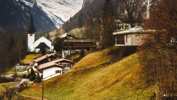 Wallpaper Snow, Church, Field, Houses, Bushes, Mountains, Trees, Slope, Desktop, Grass, Nature, Trail, With