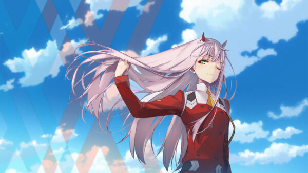 Wallpaper Blue, Hiro, Zero, Hair, Two, Eye, Desktop, Pink, Blink, FranXX, The, Darling, Sky, Anime, Background, Clouds, One, Long