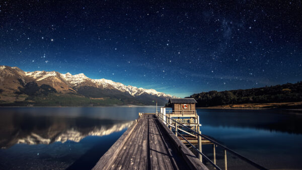 Wallpaper Covered, White, Mountains, Water, Calm, Blue, Black, Starry, Mobile, Under, Between, Dock, Desktop, Nature, Body, Sky, Wooden, With, And