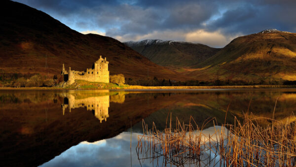 Wallpaper Reflection, With, Kilchurn, Nature, Cloudy, Scotland, Castle, Lake, Mountain, Background, And, Sky