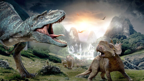 Wallpaper Dinosaur, Background, Dinosaurs, Desktop, Waterfalls, Sunset, Mountain, And, With