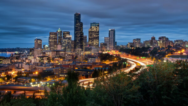 Wallpaper Road, Travel, Buildings, Trees, Sky, With, Blue, Lights, View, Mobile, Desktop, Cityscape, Background, Green, Seattle