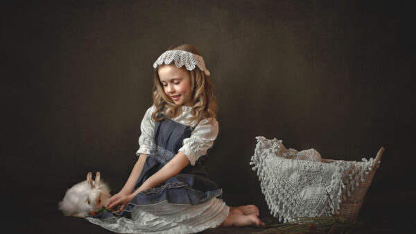 Wallpaper Dress, Little, With, Playing, Headband, Rabbit, Cute, White, Girl, Desktop, Wearing, Blue, And