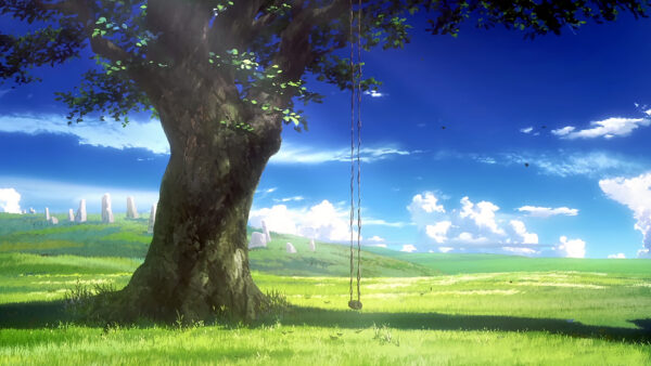 Wallpaper Blue, Grass, Anime, Green, Background, Sky, Field, Tree