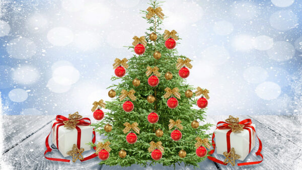 Wallpaper Red, Golden, Gifts, And, Desktop, Balls, Tree, Christmas, With