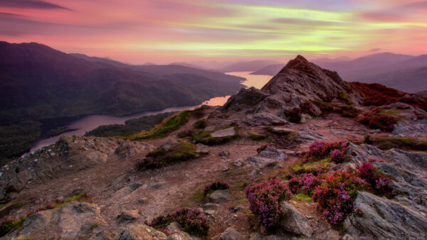 Wallpaper Light, Aerial, Mountains, River, Purple, Sky, Green, View, Under, Desktop, Mobile, Clouds, Trees, Nature, Rocks