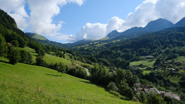 Wallpaper Mountains, Green, Slope, Valley, Bushes, Clouds, Trees, Background, Blue, White, Mobile, Sky, Plants, Desktop, Nature