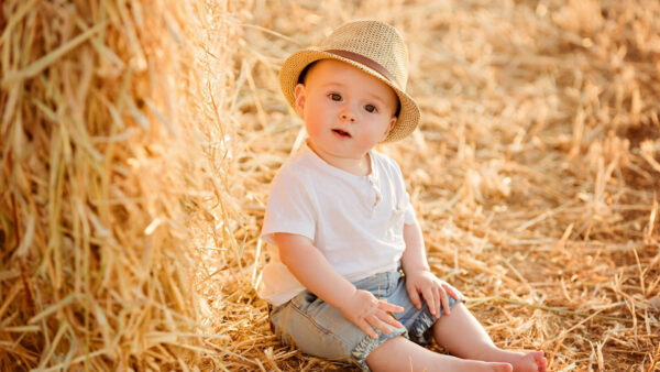 Wallpaper Wearing, Jeans, Cute, Blue, And, Paddy, Baby, Very, Sitting, Shorts, Child, Hat, Straw, Boy, White