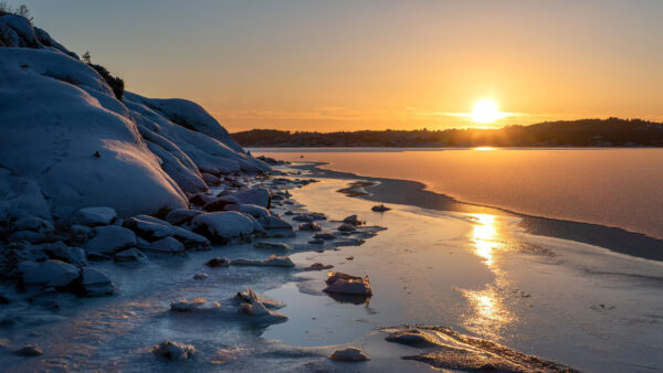 Wallpaper Ice, Sunlight, Forest, Nature, Lake, Reflection, Frozen, Stones