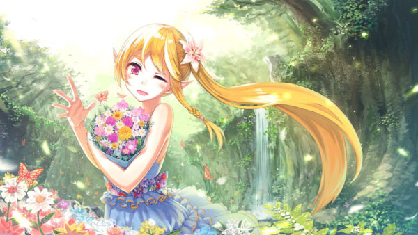 Wallpaper Anime, Girl, Hair, Long, Bouquet, Yellow, Flowers