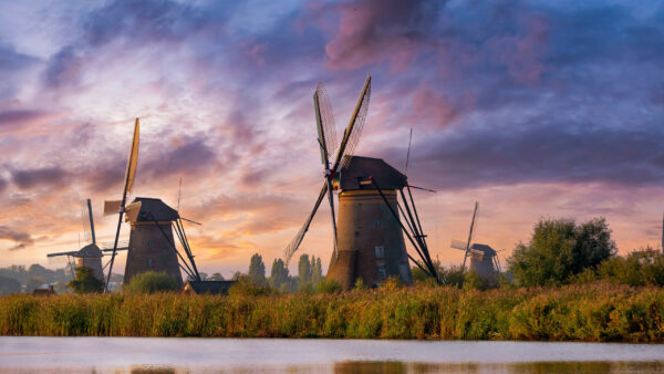 Wallpaper Netherlands, Sky, Travel, White, Windmill, Reflection, Clouds, Blue