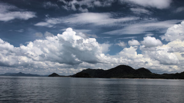 Wallpaper Sky, Under, White, Ocean, Nature, View, Blue, Trees, Hills, Greenery, Clouds, Landscape, Mountain