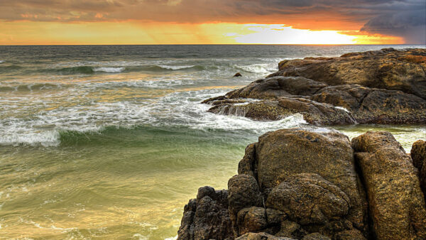 Wallpaper Waves, Black, Blue, Nature, During, Sunset, Sky, Under, Clouds, Ocean, Stones, Rocks
