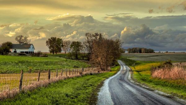 Wallpaper Field, Cloudy, Nature, Mobile, Sky, Grass, Fence, Under, Desktop, Road, And, Between