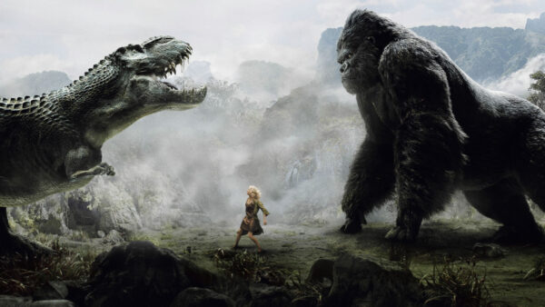 Wallpaper Background, Girl, Kong, Center, Mountains, Godzilla, Desktop, Versus, King, Movies, Standing, Clouds