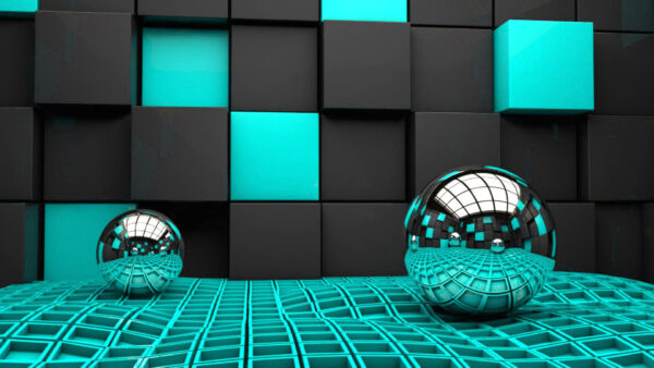 Wallpaper Black, Blue, Boxes, Square, Abstract, Silver, Balls