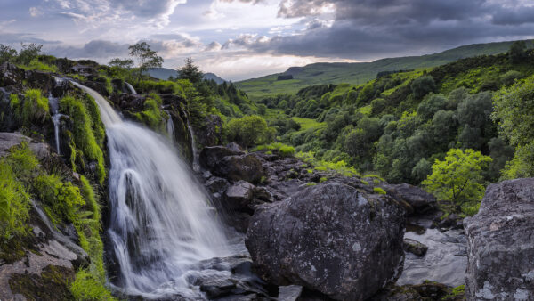 Wallpaper Slope, Waterfalls, Blue, From, Rocks, Greenery, Nature, Sky, Desktop, Mobile, Mountain, Clouds, Under, Black