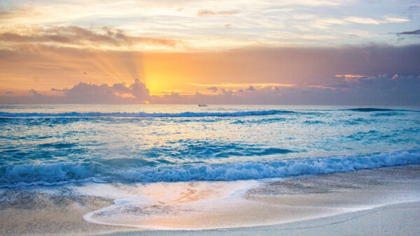 Wallpaper Ocean, Clouds, Beautiful, Sand, White, Sky, Sunset, During, Waves, Beach, Under, Yellow