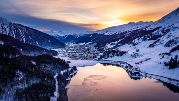 Wallpaper Covered, Mountains, Body, Water, Snow, Beautiful, During, Sunset, Near