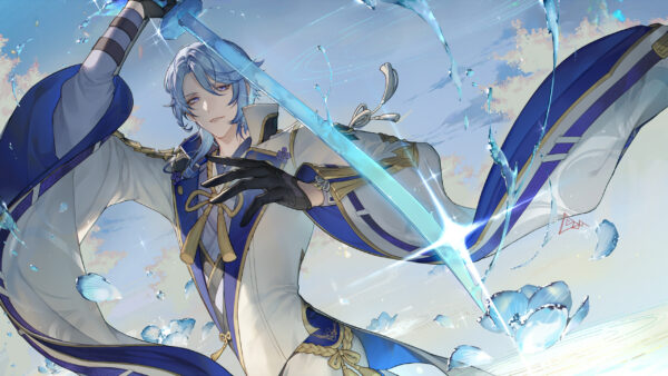 Wallpaper Blue, Impact, Sky, Background, Ayato, Kamisato, Sword, Genshin, With