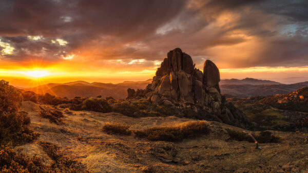 Wallpaper Rock, Flowers, Blue, Field, Black, During, Nature, Sky, Sunset, Mountain, Clouds, Under, Yellow