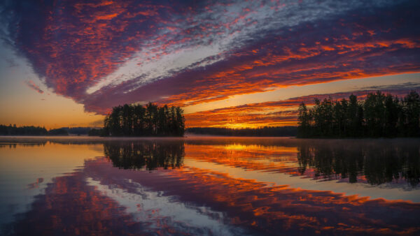 Wallpaper Under, Trees, Clouds, Sky, River, Nature, Blue, Reflection, Yellow, Black, Green