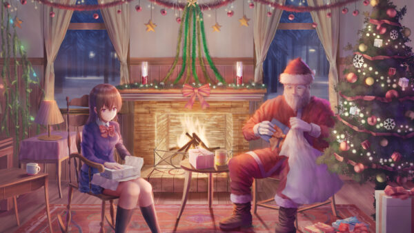 Wallpaper Anime, Santa, Christmas, Claus, Girl, Decoration, Tree