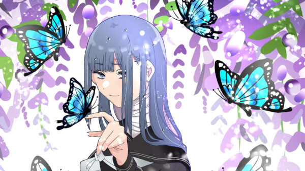 Wallpaper Anime, White, Butterflies, Blue, Background, Purple, Girl, Black